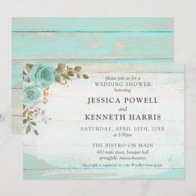 Rustic Wood Turquoise Floral Couple Wedding Shower Invitation (Front/Back)