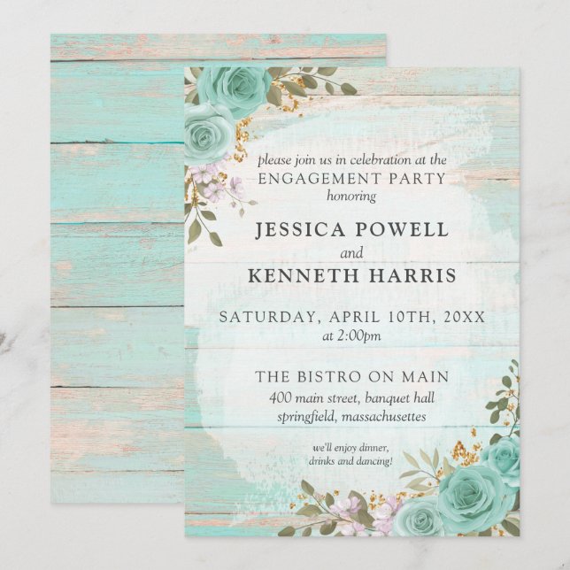Rustic Wood Turquoise Floral Engagement Party Invitation (Front/Back)