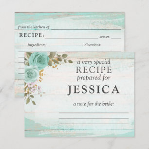 Rustic Wood Turquoise Floral Recipe Card For Bride