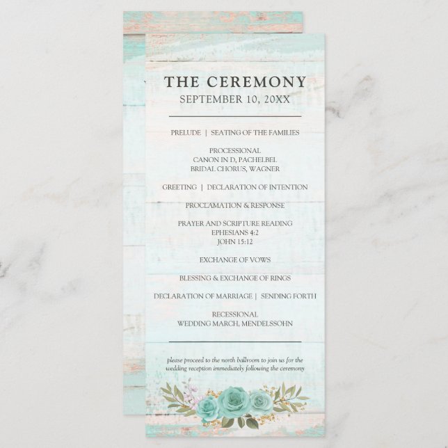 Rustic Wood Turquoise Floral Roses Wedding Program (Front/Back)