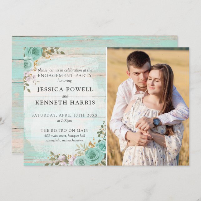 Rustic Wood Turquoise Roses Engagement Party Photo Invitation (Front/Back)