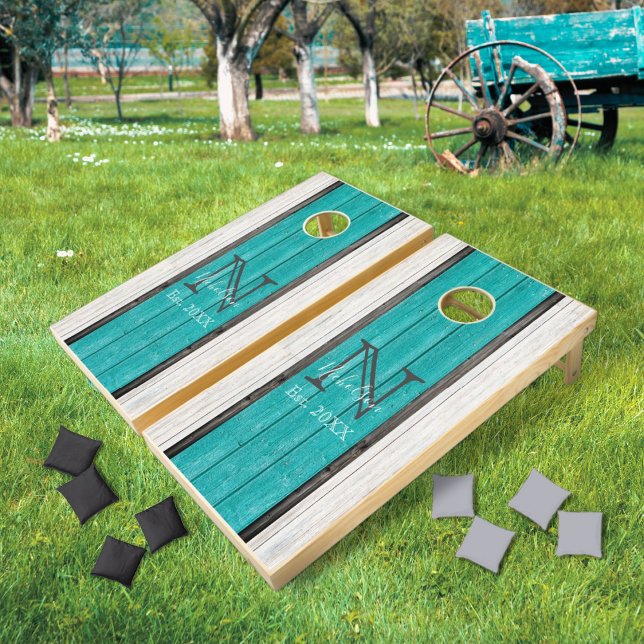 Rustic Wood Turquoise White Monogram Stripe Design Cornhole Set (Creator Uploaded)