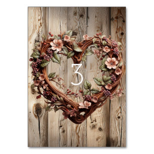 Rustic Wood Twig Heart Wreath Pink Flowers Table Number