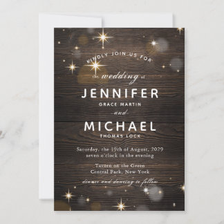 Rustic Wood Twinkle & Light Evening Wedding Invitation
