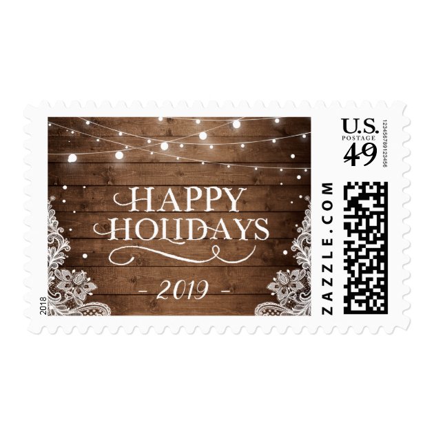 Rustic Wood Twinkle Lights Lace Happy Holidays Postage