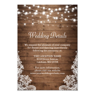 Rustic Wood Twinkle Lights Lace Wedding Details Card