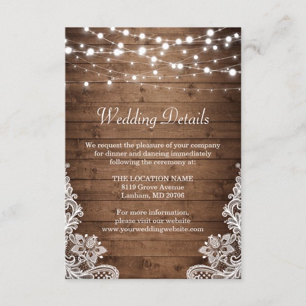 Rustic Wood Twinkle Lights Lace Wedding Details Enclosure Card