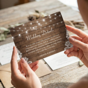 Rustic Wood Twinkle Lights Lace Wedding Details Enclosure Card