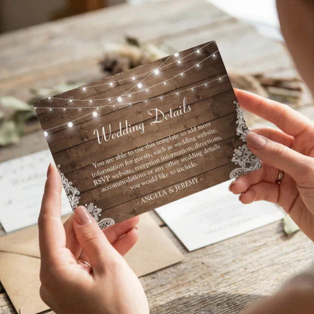 Rustic Wood Twinkle Lights Lace Wedding Details Enclosure Card | Zazzle