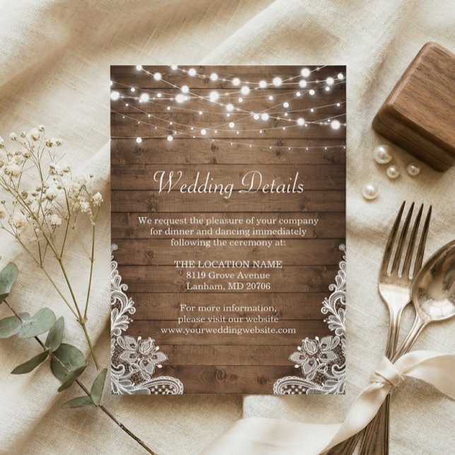 Rustic Wood Twinkle Lights Lace Wedding Details Enclosure Card (Creator Uploaded)