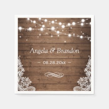 Rustic Wood Twinkle Lights Lace Wedding Napkins by CardHunter at Zazzle