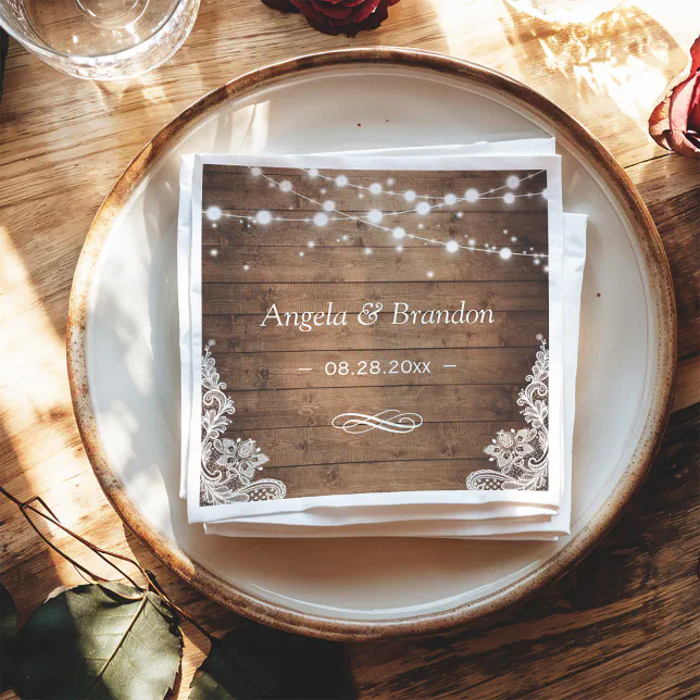 Rustic Wood Twinkle Lights Lace Wedding Napkins | Zazzle
