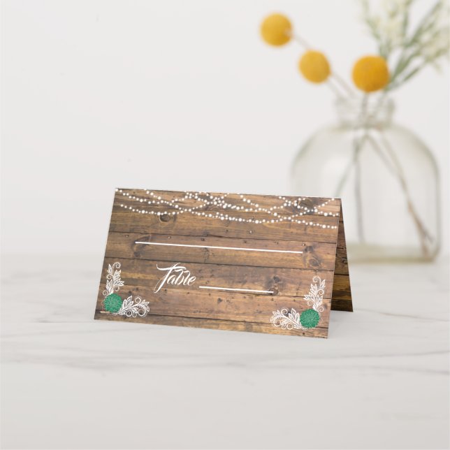 Rustic Wood Twinkle Lights Lace Wedding Place Card (Front)