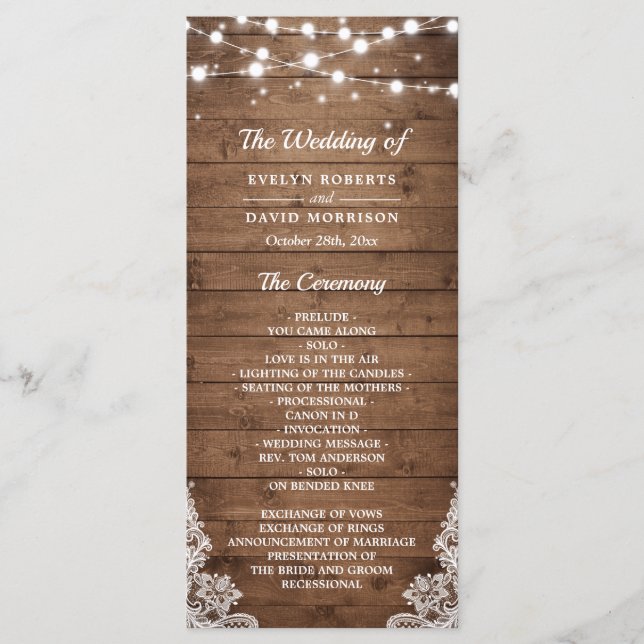 Rustic Wood Twinkle Lights Lace Wedding Program (Front)