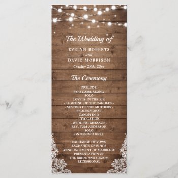 Rustic Wood Twinkle Lights Lace Wedding Program by CardHunter at Zazzle