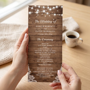 Rustic Wood Twinkle Lights Lace Wedding Program