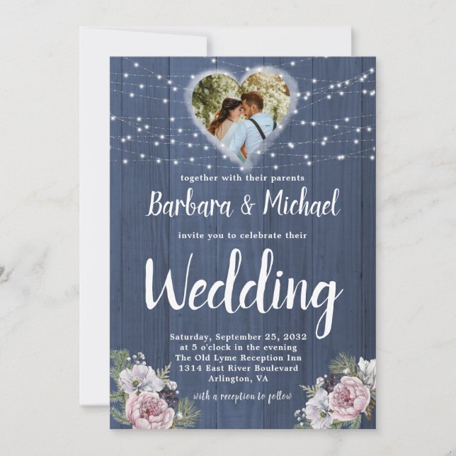 Rustic Wood Twinkle Lights Photo Floral Wedding   Invitation (Front)