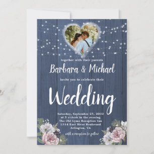 Rustic Wood Twinkle Lights Photo Floral Wedding Invitation