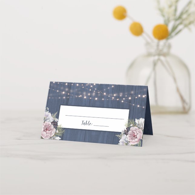 Rustic Wood Twinkle Lights Photo Floral Wedding  Place Card (Front)