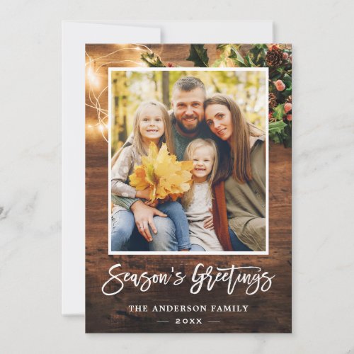 Rustic Wood Twinkle Lights Seasons Greeting Photo Holiday Card