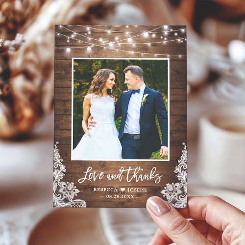 Rustic Wood Twinkle Lights Wedding Photo Thank You