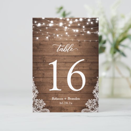 Rustic Wood Twinkle Lights Wedding Table Number - Rustic Country Wood Twinkle Lights Lace Wedding Table Number Card. 
(1) Please customize this template one by one (e.g, from number 1 to xx) , and add each number card separately to your cart. 
(2) For further customization, please click the "customize further" link and use our design tool to modify this template. 
(3) If you need help or matching items, please contact me.