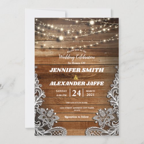 Rustic Wood Twinkle String Lights Lace Wedding Inv Announcement