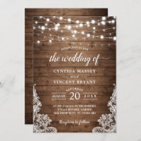 Rustic Wood Twinkle String Lights Lace Wedding Invitation