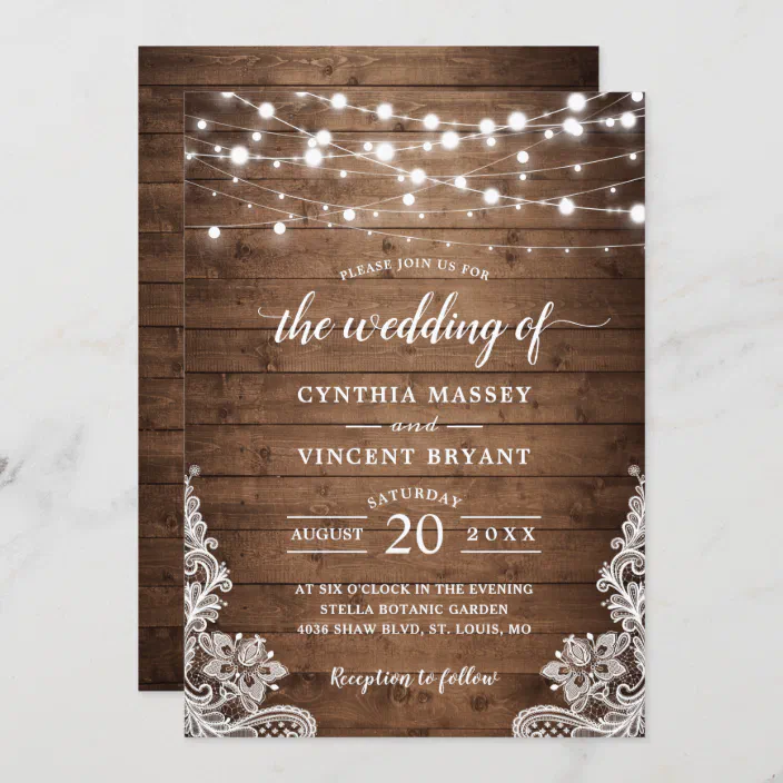 Personalized Rustic Wood Lace String Lights Lace Wedding Invitations 