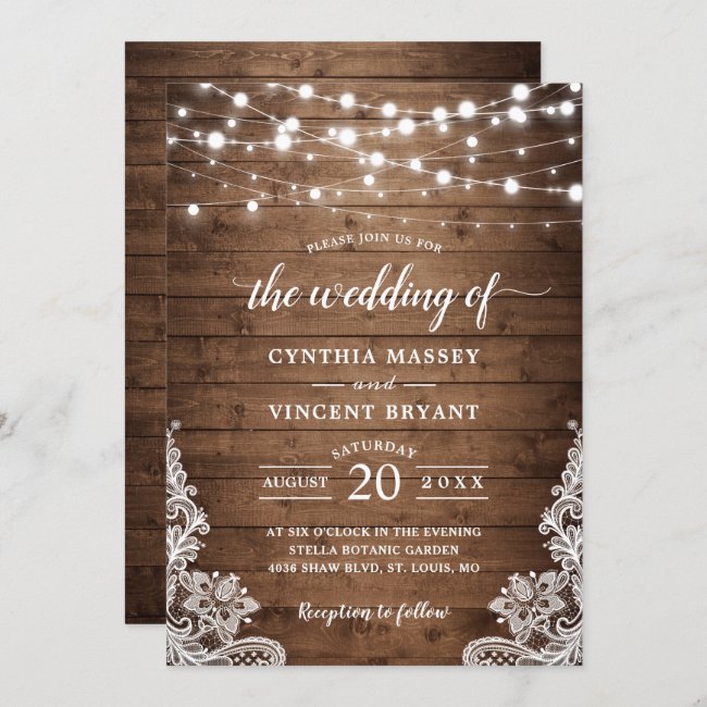 Rustic Wood Twinkle String Lights Lace Wedding Invitation