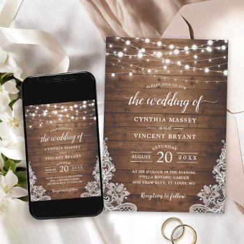 Rustic Wood Twinkle String Lights Lace Wedding Invitation by CardHunter at Zazzle