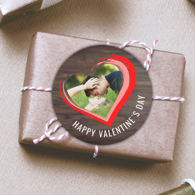 Rustic Wood Two Hearts Photo Happy Valentine`s Day Classic Round Sticker (Creator Uploaded)