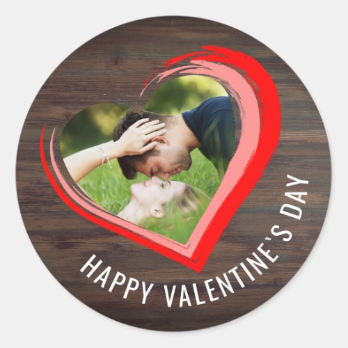 Rustic Wood Two Hearts Photo Happy Valentines Day Classic Round Sticker