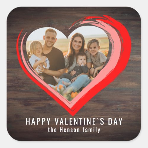 Rustic Wood Two Hearts Photo Happy Valentines Day Square Sticker