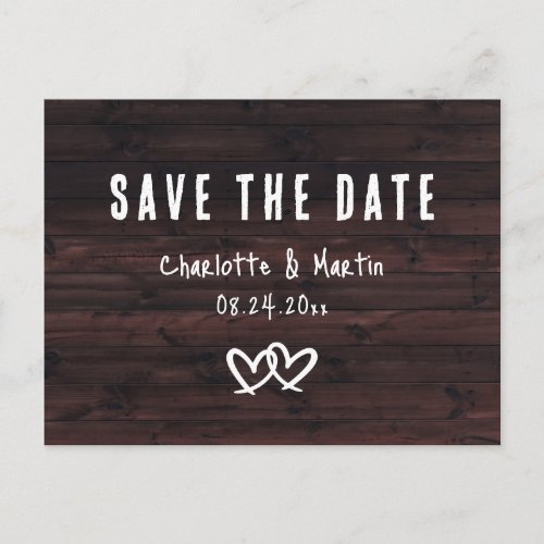 Rustic Wood Two Hearts Wedding Save The Date Postcard