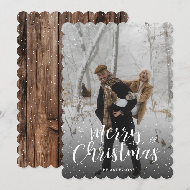 Rustic Wood Typography Snow Photo Merry Christmas Holiday Card (Front/Back)