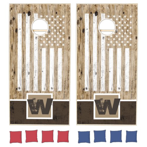 Rustic Wood USA Flag Family Monogram Cornhole Set