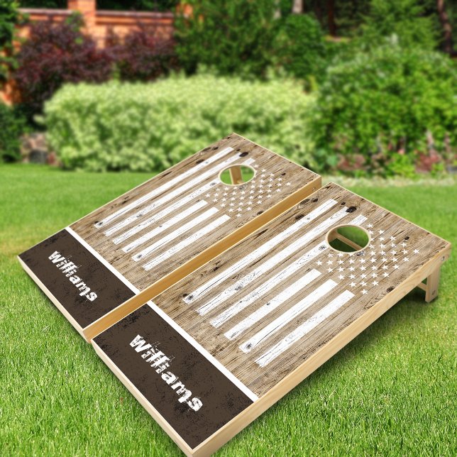 Rustic Wood USA Flag Family Name Cornhole Set (Rustic Printed Dark Wood USA Flag Family Cornhole Set)