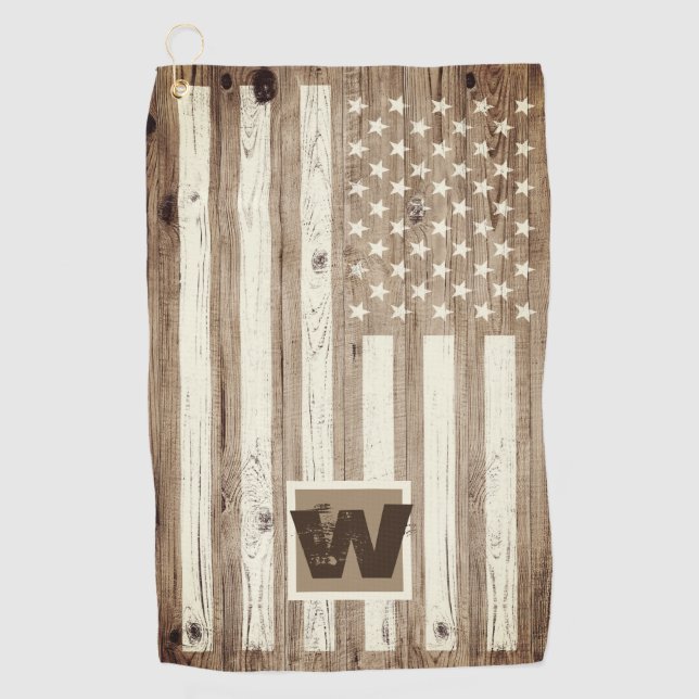 Rustic Wood USA Flag Monogram Golf Towel (Front)