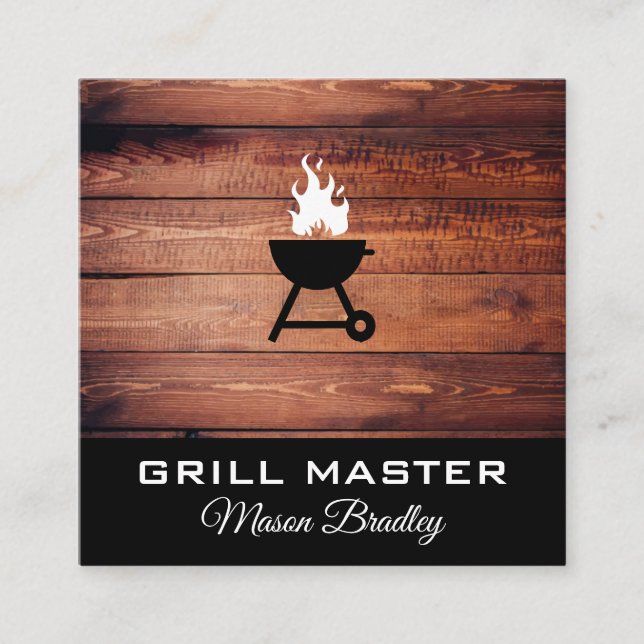 Rustic Wood Utensils bbq grill master Square Business Card (Front)
