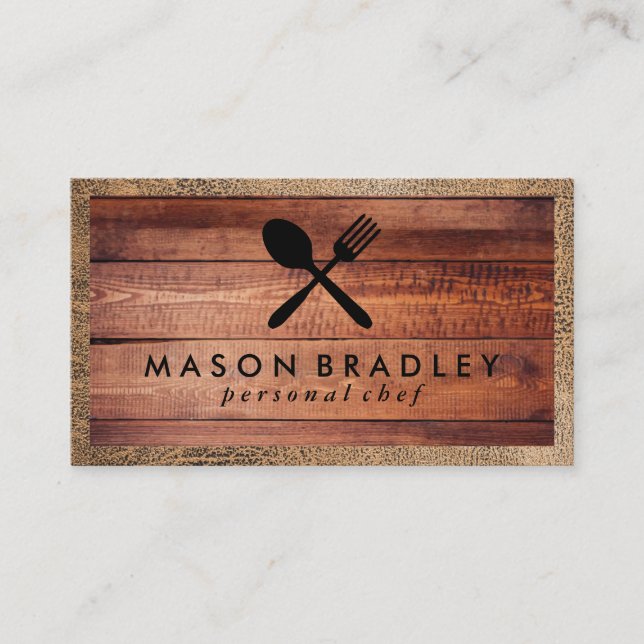 Rustic Wood Utensils | Leather Border Business Card (Front)