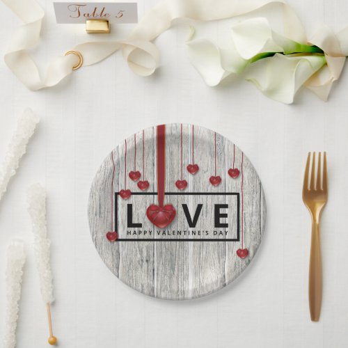 Rustic Wood Valentines Day LOVE Red Hearts Modern Paper Plates