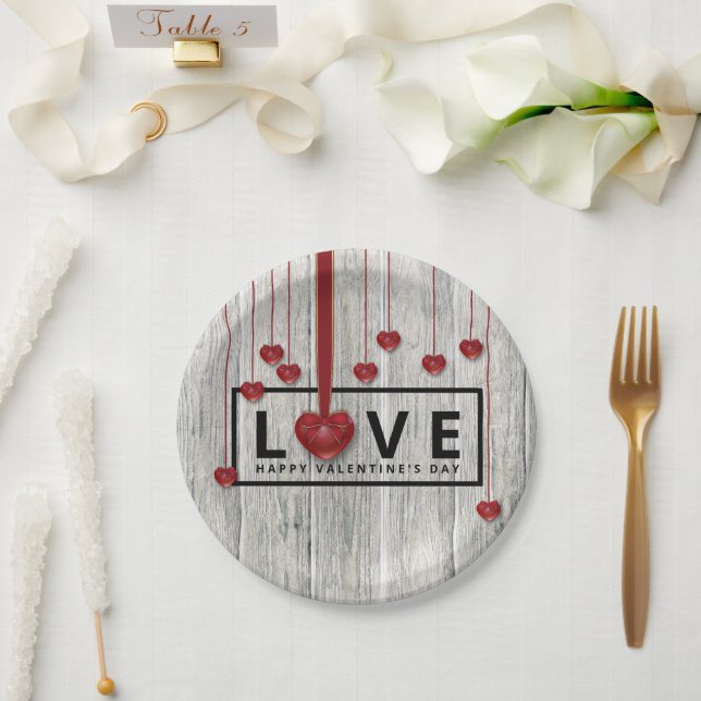 Rustic Wood Valentine's Day LOVE Red Hearts Modern Paper Plates (Wedding)