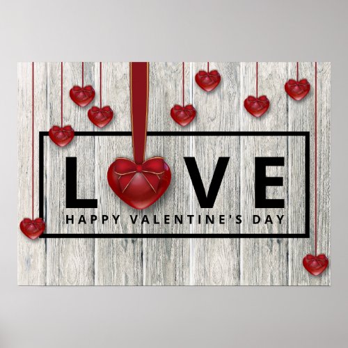 Rustic Wood Valentines Day Modern LOVE Red Hearts Poster