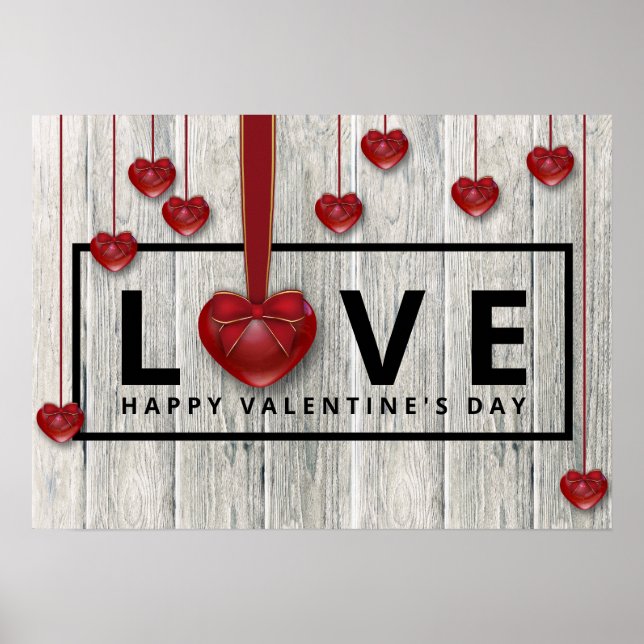 Rustic Wood Valentine's Day Modern LOVE Red Hearts Poster (Front)