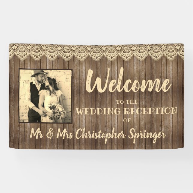 Rustic Wood Vanilla Lace Wedding Reception Photo Banner (Horizontal)