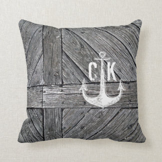 Rustic wood vintage anchor nautical monogram throw pillow