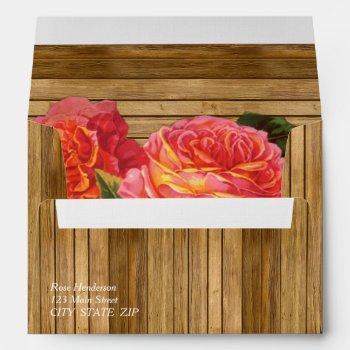 Rustic Wood & Vintage Apricot Pink Roses (5 X 7) Envelope by SimpleElegance at Zazzle