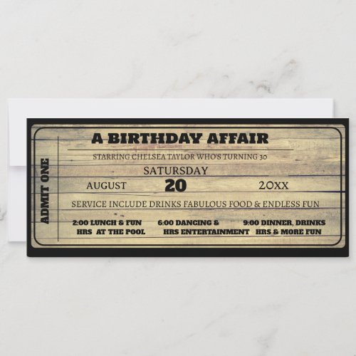 Rustic Wood Vintage Black Birthday Ticket Custom   Invitation