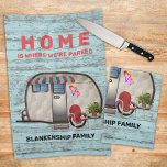 Rustic Wood Vintage Camper Red Chair Cute Custom  Kitchen Towel<br><div class="desc">This fun design features a blue rustic wood background and vintage camper with template text. Fill in the template fields,  remove any/all text or edit using the design tool to select a font style,  size,  and color you prefer.</div>